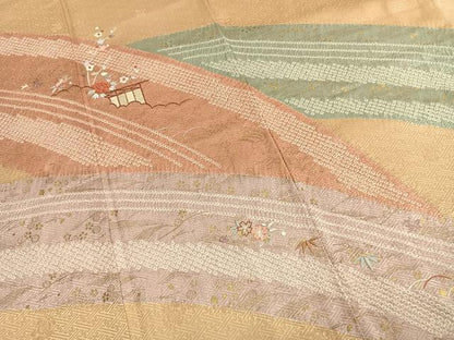 平和屋着物●訪問着　絞り　刺繍　草花文　金彩　正絹　逸品　AABK7768fy