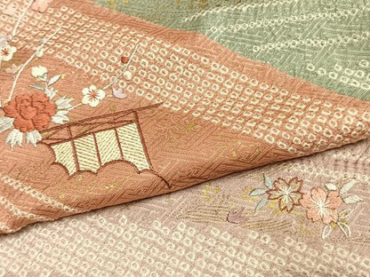 平和屋着物●訪問着　絞り　刺繍　草花文　金彩　正絹　逸品　AABK7768fy