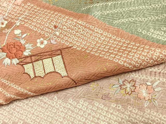 平和屋着物●訪問着　絞り　刺繍　草花文　金彩　正絹　逸品　AABK7768fy