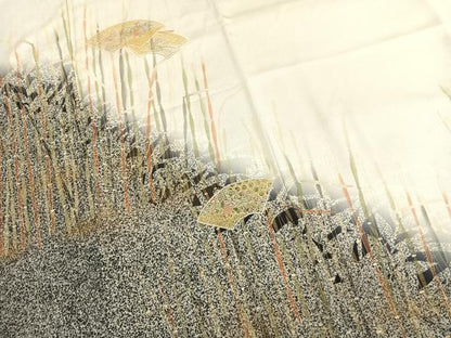 平和屋着物●訪問着　中国三大刺繍　汕頭刺繍　スワトウ刺繍　地紙花文　暈し染め　金糸　金彩　正絹　逸品　AABK7799fy