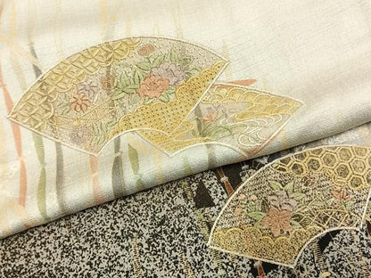 平和屋着物●訪問着　中国三大刺繍　汕頭刺繍　スワトウ刺繍　地紙花文　暈し染め　金糸　金彩　正絹　逸品　AABK7799fy