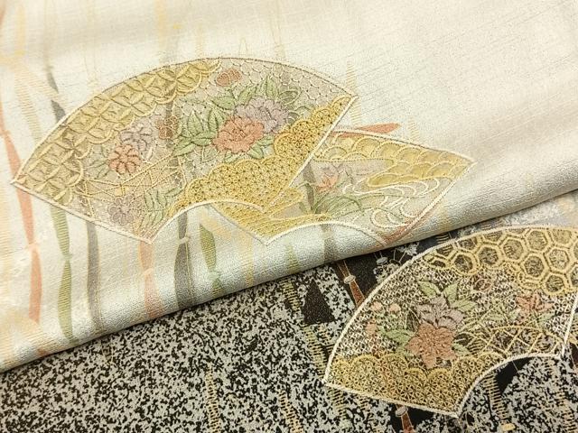 平和屋着物●訪問着　中国三大刺繍　汕頭刺繍　スワトウ刺繍　地紙花文　暈し染め　金糸　金彩　正絹　逸品　AABK7799fy