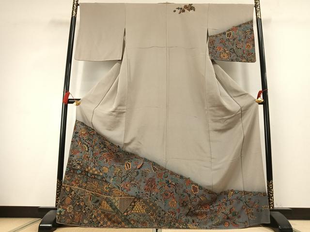 平和屋着物●訪問着 中国三大刺繍 汕頭刺繍 スワトウ刺繍 総刺繍 更紗花鳥文 暈し染め 金糸 鬼しぼ縮緬 ロング丈 正絹 逸品 AABK7806fy