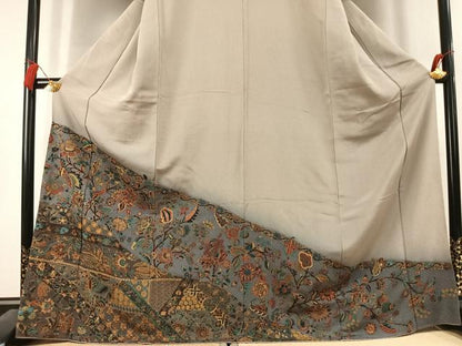 平和屋着物●訪問着 中国三大刺繍 汕頭刺繍 スワトウ刺繍 総刺繍 更紗花鳥文 暈し染め 金糸 鬼しぼ縮緬 ロング丈 正絹 逸品 AABK7806fy