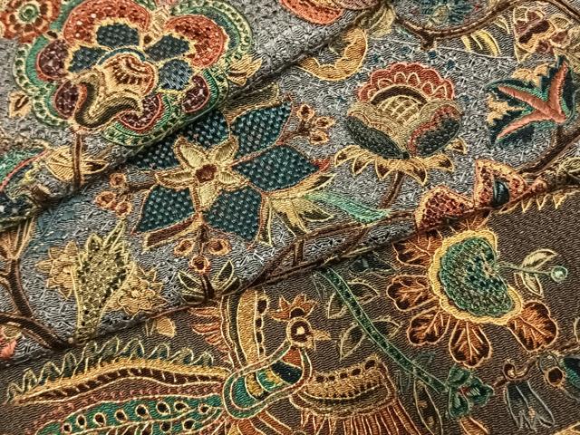 平和屋着物●訪問着 中国三大刺繍 汕頭刺繍 スワトウ刺繍 総刺繍 更紗花鳥文 暈し染め 金糸 鬼しぼ縮緬 ロング丈 正絹 逸品 AABK7806fy