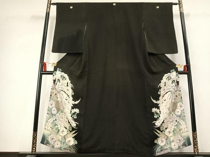 平和屋着物●アンティーク　大正ロマン　黒留袖　刺繍　花鳥文　両褄　暈し染め　銀糸　正絹　逸品　AABK7807fy
