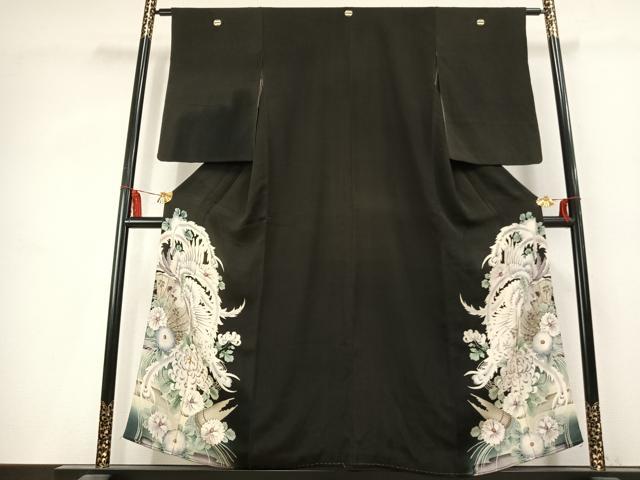 平和屋着物●アンティーク　大正ロマン　黒留袖　刺繍　花鳥文　両褄　暈し染め　銀糸　正絹　逸品　AABK7807fy