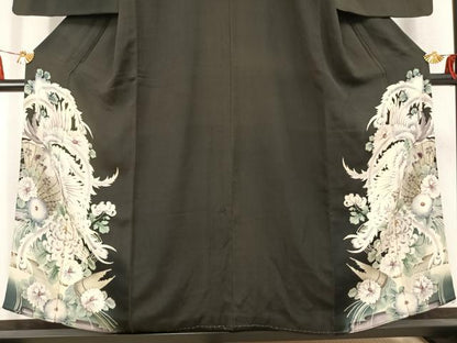 平和屋着物●アンティーク　大正ロマン　黒留袖　刺繍　花鳥文　両褄　暈し染め　銀糸　正絹　逸品　AABK7807fy