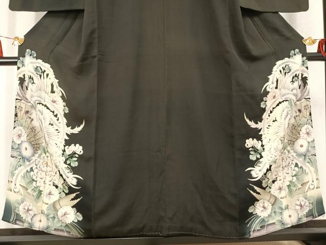 平和屋着物●アンティーク　大正ロマン　黒留袖　刺繍　花鳥文　両褄　暈し染め　銀糸　正絹　逸品　AABK7807fy
