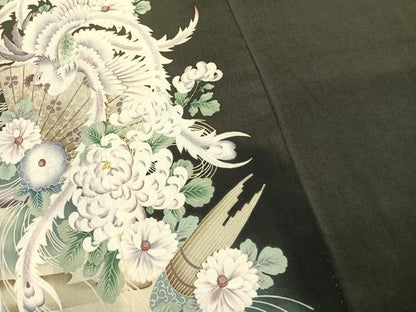 平和屋着物●アンティーク　大正ロマン　黒留袖　刺繍　花鳥文　両褄　暈し染め　銀糸　正絹　逸品　AABK7807fy