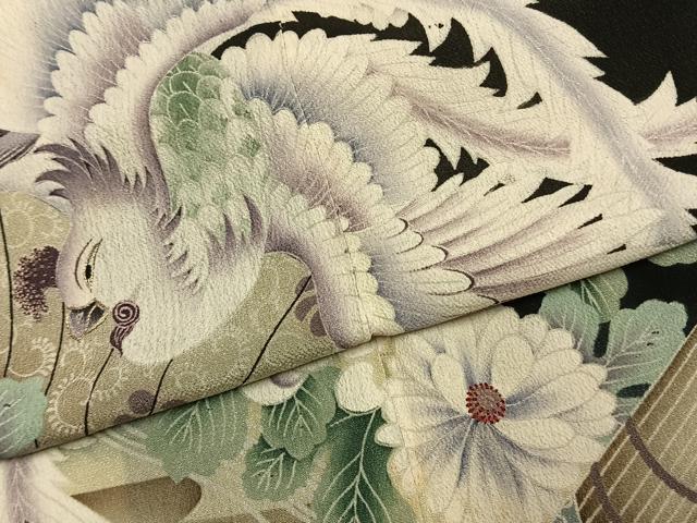 平和屋着物●アンティーク　大正ロマン　黒留袖　刺繍　花鳥文　両褄　暈し染め　銀糸　正絹　逸品　AABK7807fy