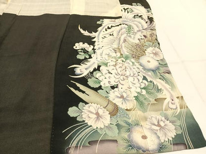 平和屋着物●アンティーク　大正ロマン　黒留袖　刺繍　花鳥文　両褄　暈し染め　銀糸　正絹　逸品　AABK7807fy