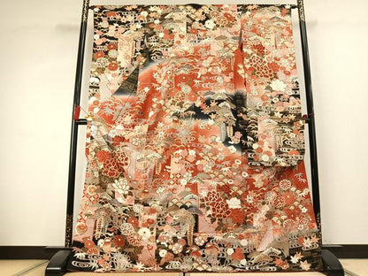 平和屋着物●豪華振袖　駒刺繍　松竹梅　花鳥文　暈し染め　金彩　正絹　逸品　AABK7814fy