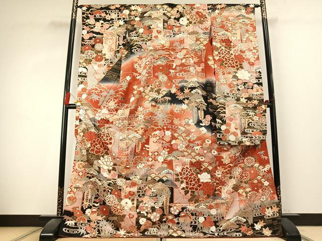 平和屋着物●豪華振袖　駒刺繍　松竹梅　花鳥文　暈し染め　金彩　正絹　逸品　AABK7814fy