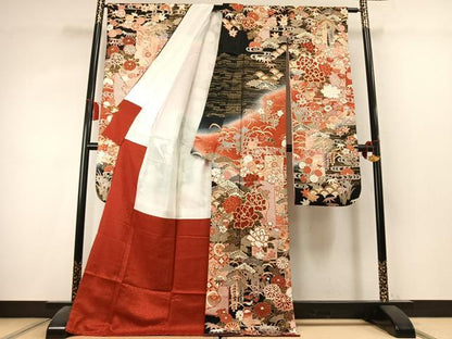 平和屋着物●豪華振袖　駒刺繍　松竹梅　花鳥文　暈し染め　金彩　正絹　逸品　AABK7814fy