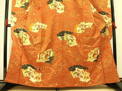 平和屋着物●豪華振袖　駒刺繍　扇面御所車鼓花文　金彩　金通し地　正絹　逸品　AABK7822fy
