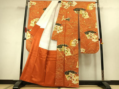 平和屋着物●豪華振袖　駒刺繍　扇面御所車鼓花文　金彩　金通し地　正絹　逸品　AABK7822fy