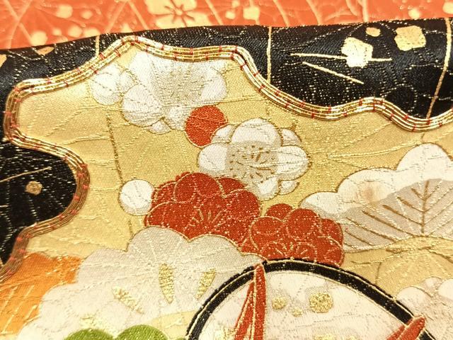 平和屋着物●豪華振袖　駒刺繍　扇面御所車鼓花文　金彩　金通し地　正絹　逸品　AABK7822fy