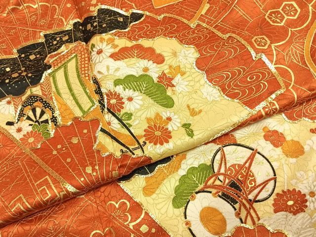 平和屋着物●豪華振袖　駒刺繍　扇面御所車鼓花文　金彩　金通し地　正絹　逸品　AABK7822fy
