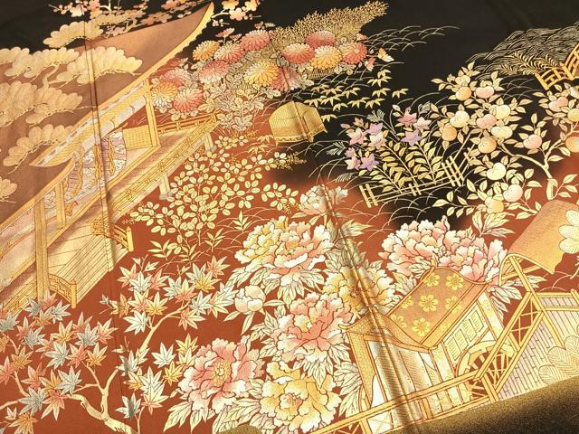 平和屋着物●金彩友禅　卓越技能者・名工・和田光正　黒留袖　松竹梅　風景花文　暈し染め　金銀彩　正絹　逸品　AABK7824fy