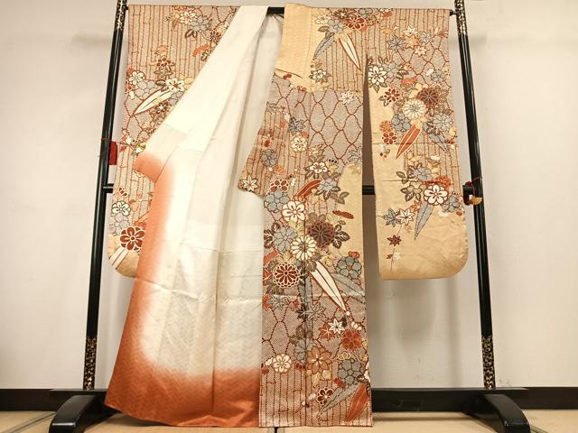 平和屋着物●十日町老舗ブランド　吉澤友禅　吾妻徳穂　振袖　駒刺繍　草花文　金彩　正絹　逸品　AABK7828fy