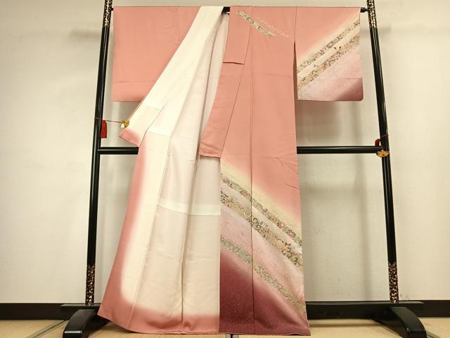 平和屋着物●訪問着　斜縞花蝶文　暈し染め　金銀彩　正絹　逸品　AABK7860fy