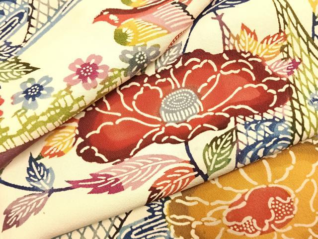 平和屋着物●上質な小紋　紅型　花鳥文　正絹　逸品　AABK7868fy