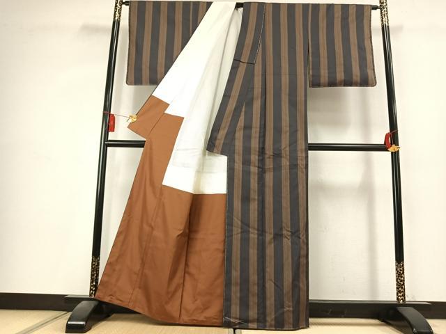 平和屋着物●上質な紬　市松綾織　間道　正絹　逸品　未使用　AABK7870fy