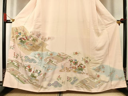 平和屋着物●訪問着　刺繍　花鳥文　暈し染め　金糸　金彩　正絹　逸品　AABK7875fy