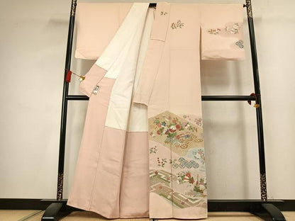 平和屋着物●訪問着　刺繍　花鳥文　暈し染め　金糸　金彩　正絹　逸品　AABK7875fy