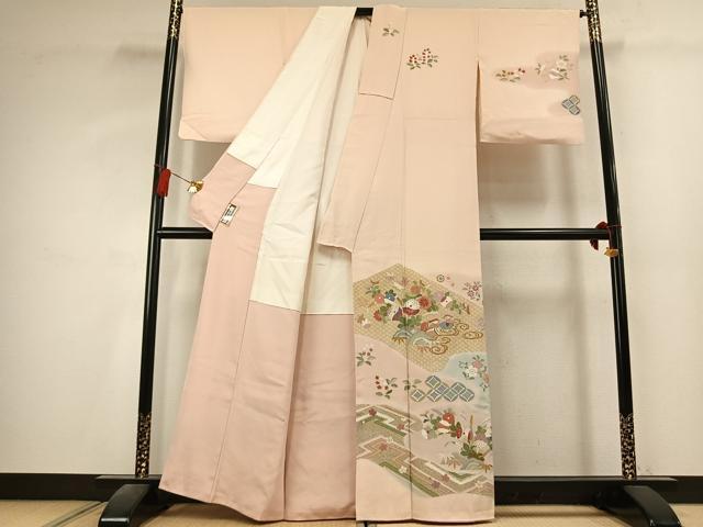 平和屋着物●訪問着　刺繍　花鳥文　暈し染め　金糸　金彩　正絹　逸品　AABK7875fy