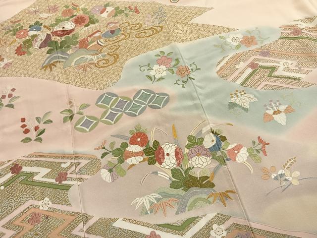 平和屋着物●訪問着　刺繍　花鳥文　暈し染め　金糸　金彩　正絹　逸品　AABK7875fy