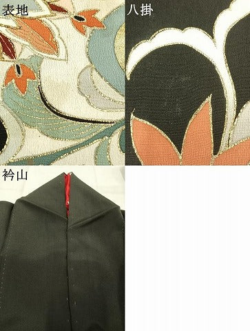 平和屋着物●アンティーク　大正ロマン　黒留袖　駒刺繍　更紗花文　金銀彩　正絹　逸品　AABK7889fy