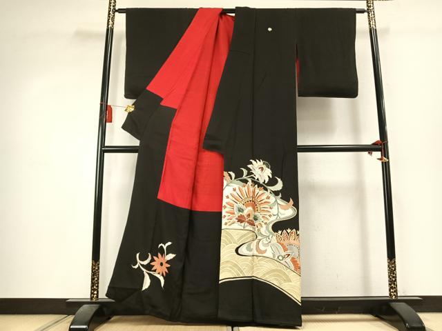 平和屋着物●アンティーク　大正ロマン　黒留袖　駒刺繍　更紗花文　金銀彩　正絹　逸品　AABK7889fy