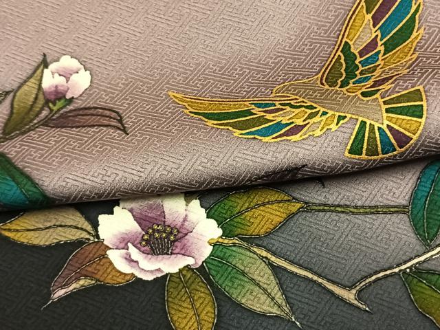 平和屋着物●染色作家　斉藤三才　訪問着　花鳥文　暈し染め　金彩　正絹　逸品　AABK7895fy