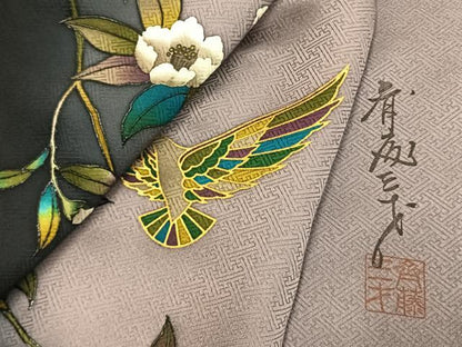 平和屋着物●染色作家　斉藤三才　訪問着　花鳥文　暈し染め　金彩　正絹　逸品　AABK7895fy