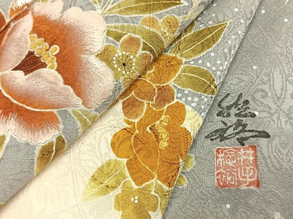 平和屋着物●訪問着　作家物　刺繍　草花文　金彩　正絹　逸品　AABK7902fy