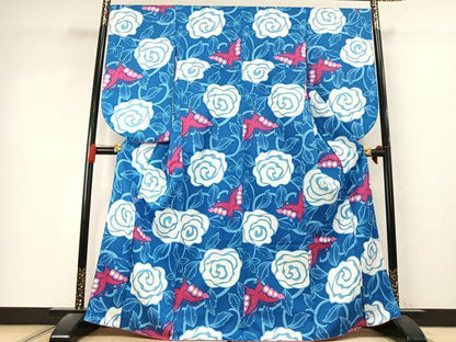 平和屋着物●小振袖　二尺袖　花蝶文　洗える着物　AABK7903fy