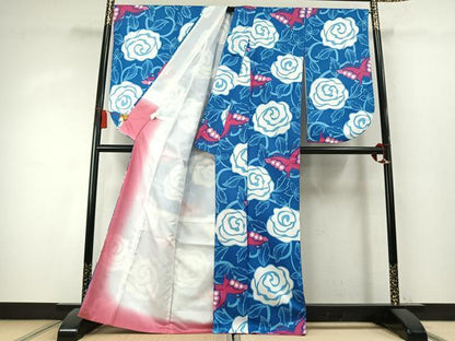 平和屋着物●小振袖　二尺袖　花蝶文　洗える着物　AABK7903fy