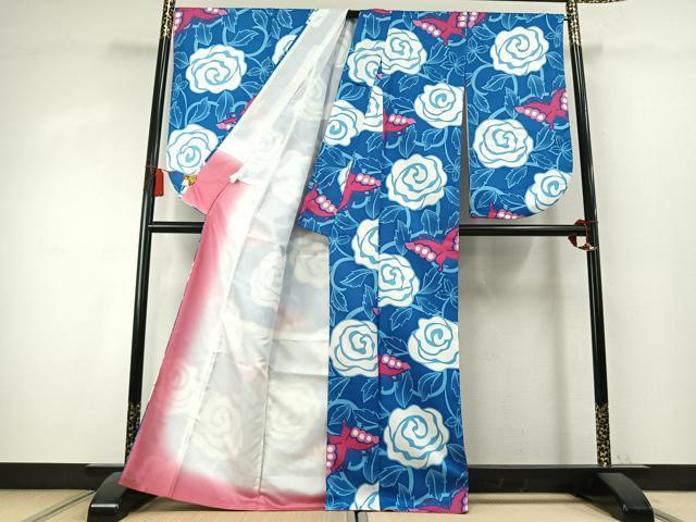 平和屋着物●小振袖　二尺袖　花蝶文　洗える着物　AABK7903fy