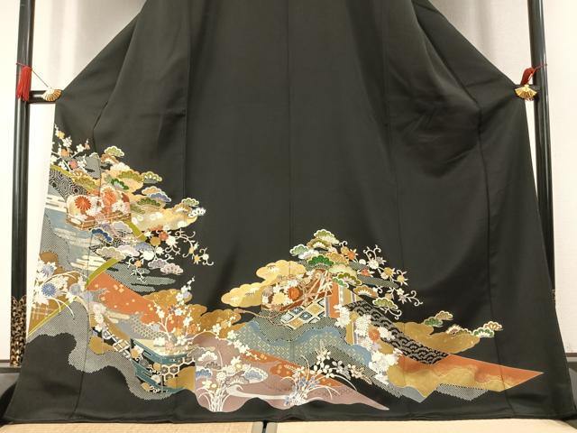 平和屋着物●創業460年・千總　黒留袖　駒刺繍　文箱花文　金彩　小田急百貨店扱い　ロング丈　正絹　逸品　AABK7908fy