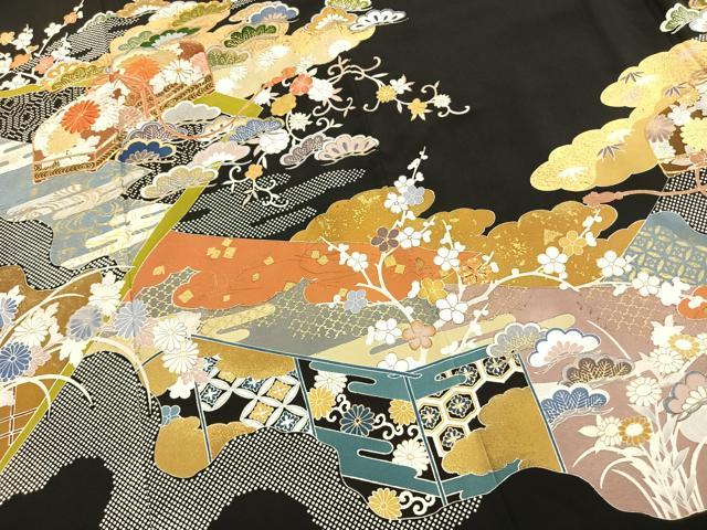 平和屋着物●創業460年・千總　黒留袖　駒刺繍　文箱花文　金彩　小田急百貨店扱い　ロング丈　正絹　逸品　AABK7908fy