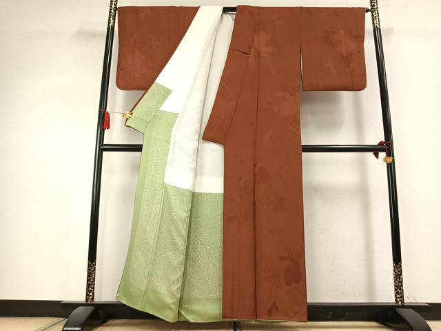 平和屋着物●上質な色無地　草花地紋　柿茶色　正絹　逸品　AABK7915fy