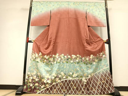 平和屋着物●訪問着　駒刺繍　草花文　暈し染め　金彩　正絹　逸品　AABK7920fy