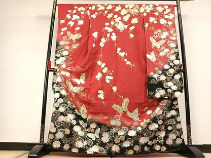 平和屋着物●豪華振袖　花蝶文　暈し染め　金銀彩　正絹　逸品　AABK7932fy