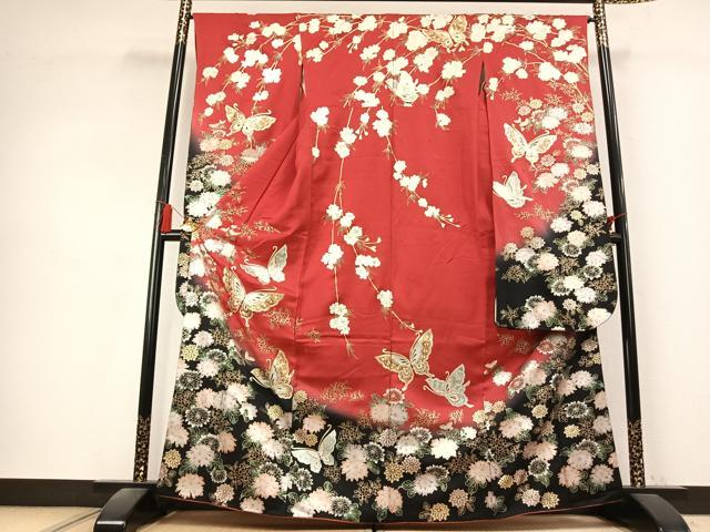 平和屋着物●豪華振袖　花蝶文　暈し染め　金銀彩　正絹　逸品　AABK7932fy