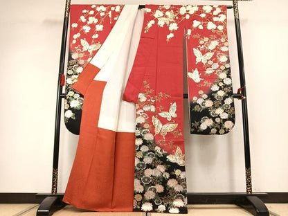 平和屋着物●豪華振袖　花蝶文　暈し染め　金銀彩　正絹　逸品　AABK7932fy