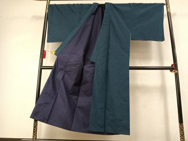 平和屋着物●男性　紬　アンサンブル　色無地　高麗納戸色　反端付き　キングサイズ　正絹　逸品　未使用　AABK7934fy