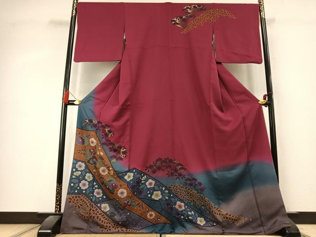 平和屋着物●訪問着　辻が花　暈し染め　金彩　ロング丈　正絹　逸品　AABK7937fy