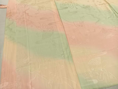 平和屋着物●振袖用長襦袢　無双仕立て　扇面花地紋　暈し染め　正絹　逸品　AABK7939fy